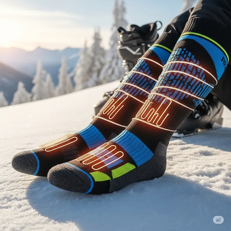 A pair of high-performance heated ski socks providing warmth and comfort on a snowy mountain slope.