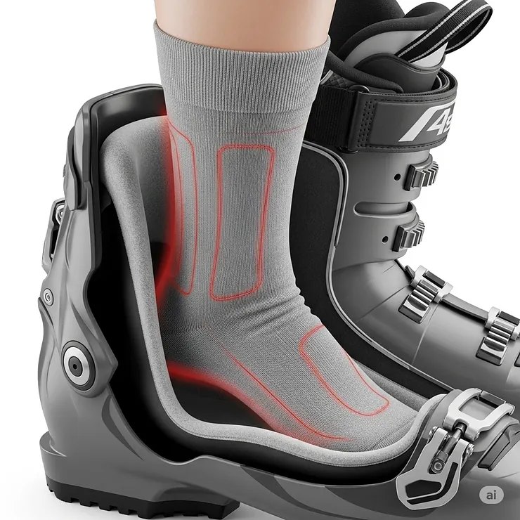 A cutaway view of a skier's boot showing how a heated sock fits snugly inside, providing seamless warmth without adding bulk.