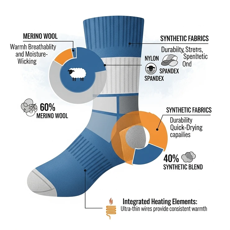 Infographic displaying the material composition of heated ski socks, highlighting the blend of merino wool and synthetic fabrics.