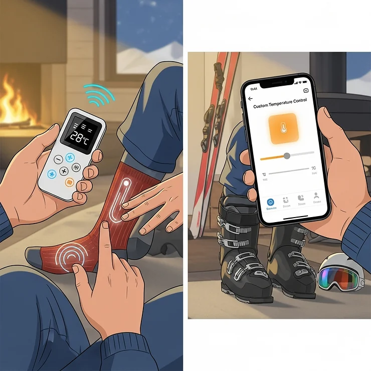 An illustration of a user adjusting the temperature settings of their heated socks via a small remote control or a smartphone app, showcasing the convenience of modern heated ski gear.