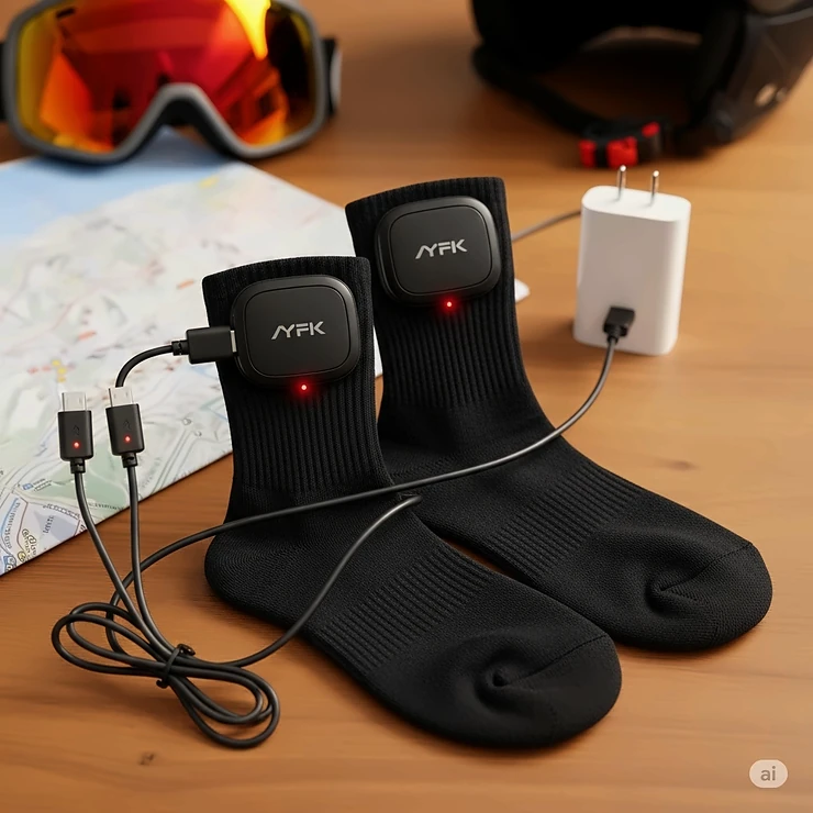 A convenient dual USB cable charging a pair of heated ski socks, ready for the next ski trip.