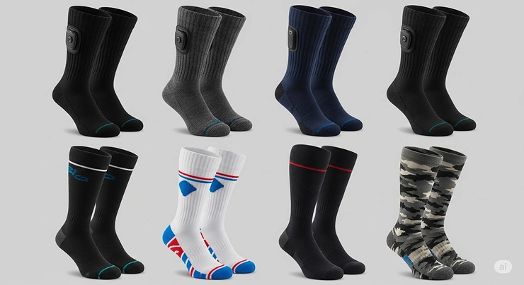 A side-by-side comparison of different models of the best heated socks, highlighting variations in color, length, and material.