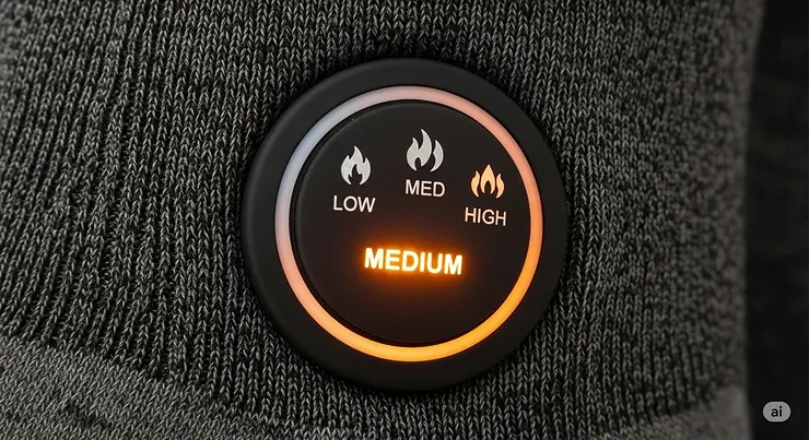A close-up shot of the easy-to-use control button on a pair of heated socks, showing the multiple temperature settings for personalized warmth.