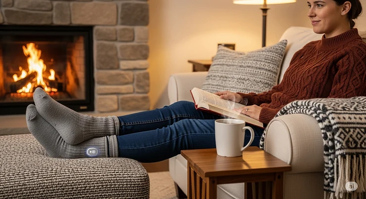 A person sitting on a couch by a fireplace, wearing a cozy pair of heated socks to keep their feet warm while relaxing indoors.