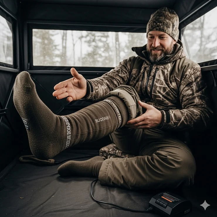 A hunter wearing insulated camouflage gear and thick, knee-high heated socks while sitting in a blind, demonstrating how the best heated socks for hunting provide warmth and comfort in cold weather.
