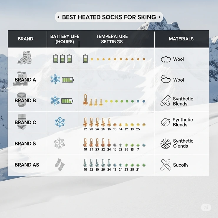 An illustrative table comparing different brands of the best heated socks for skiing based on features like battery life, temperature settings, and materials.