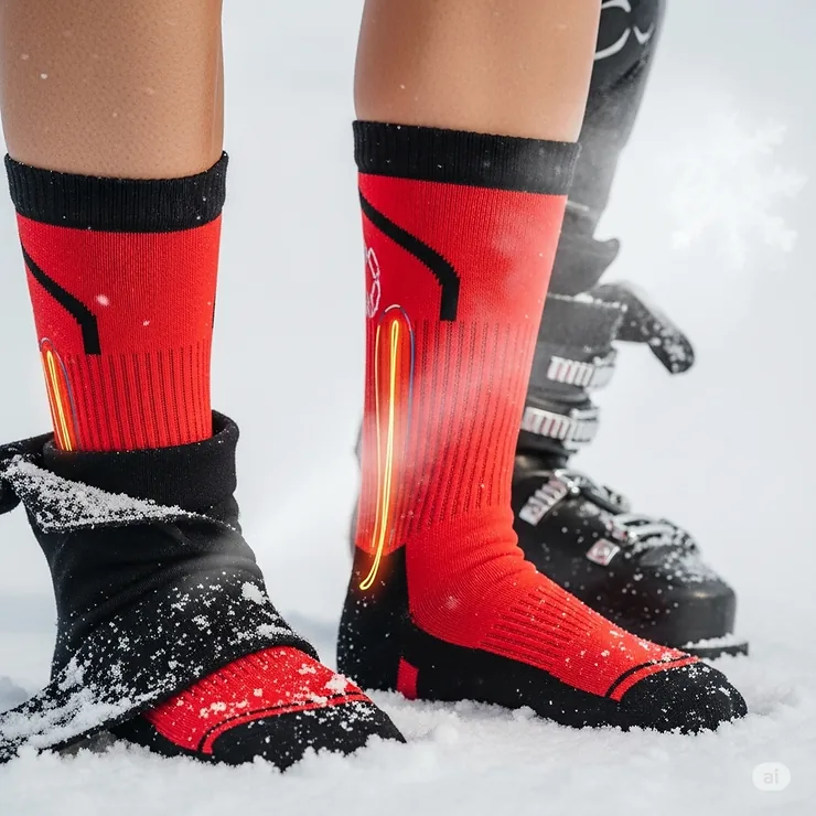 A close-up shot of a skier's feet wearing the best heated socks for skiing, showing the comfortable fit and warmth with snow in the background.