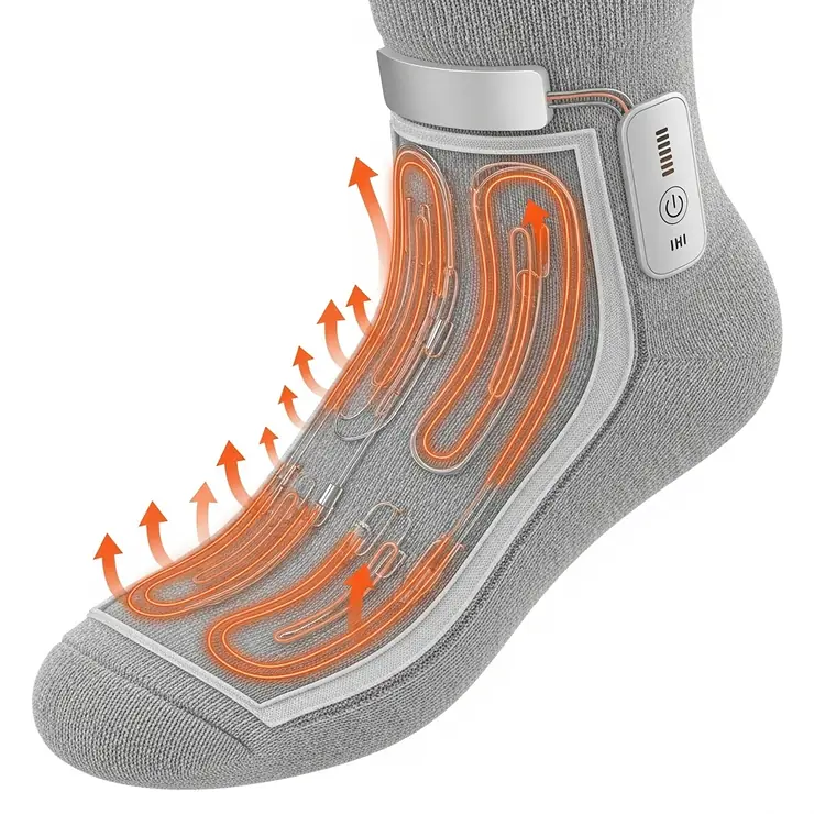 A cross-section diagram showing the integrated heating elements woven into the fabric of the heated socks, strategically placed around the toes and instep for optimal warmth.