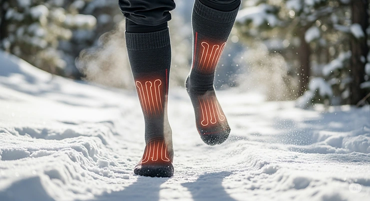 A pair of the best heated socks being worn by a hiker on a snowy trail, providing warmth and comfort during a winter trek.