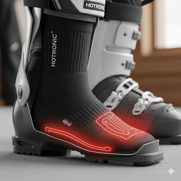 Hotronic heated socks shown inside a ski boot, illustrating how they provide seamless warmth without bulk.