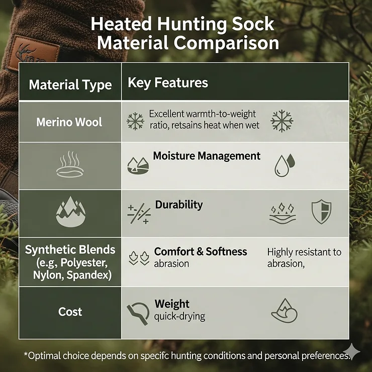 A visual chart comparing the different materials, like merino wool and synthetic blends, used in heated hunting socks, helping users choose the most comfortable and durable option.