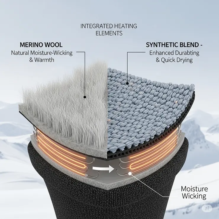 An illustration highlighting the high-quality, moisture-wicking materials like merino wool and synthetic blends used in the best heated socks for skiing.