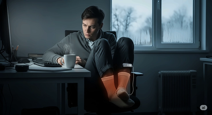 A person sitting at a desk in a cold office, discreetly wearing heated socks to maintain warmth and comfort while working.