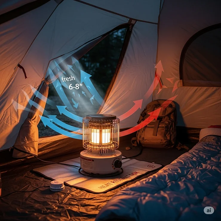 A visual demonstrating proper ventilation while using a propane tent heater, showing a tent flap slightly open to allow for fresh air circulation.