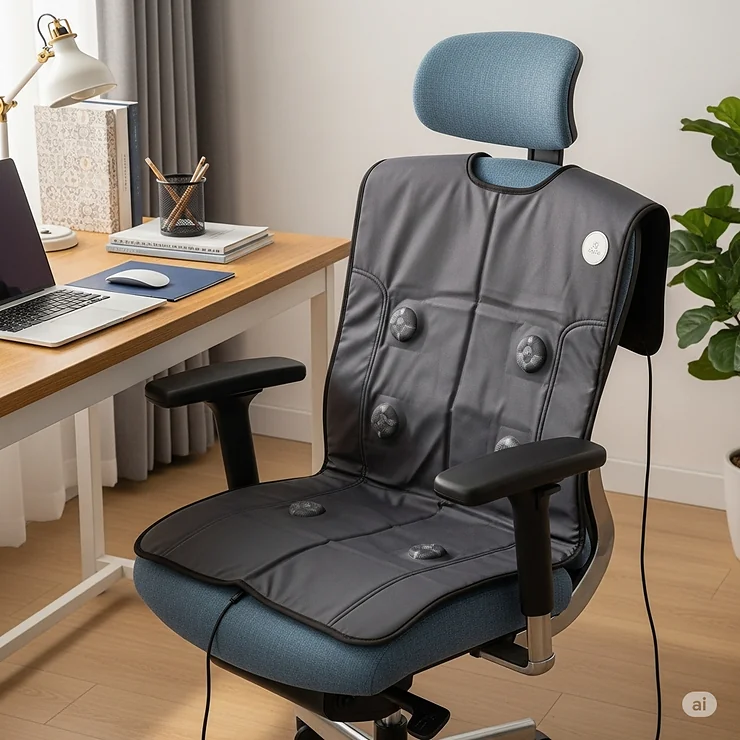 A versatile heating massage pad shown draped over a comfortable office chair, highlighting its use for a relaxing massage while working or sitting.