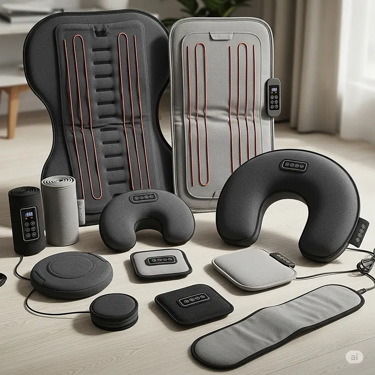 A visual comparison of various sizes and shapes of heating massage pads, from large full-back models to smaller portable versions, catering to different needs.