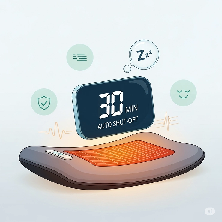 An illustration highlighting the automatic shut-off timer feature of the heating massage pad, promoting safety and peace of mind during use.