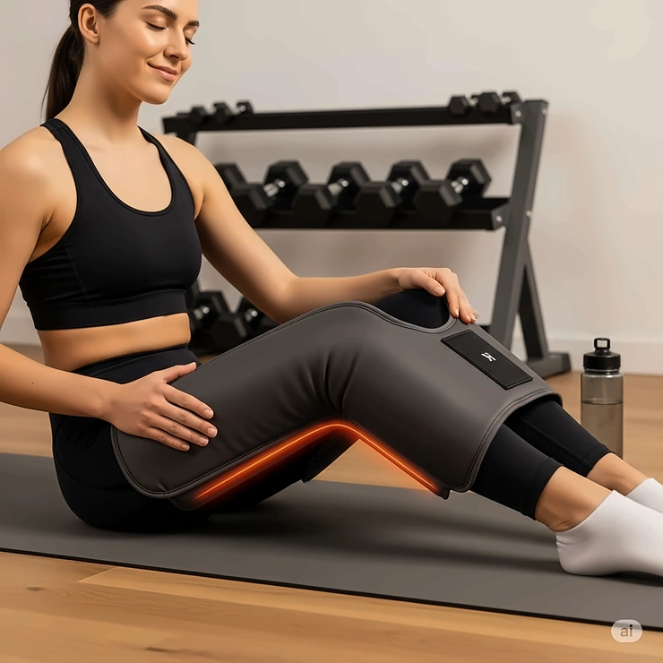 An individual using a heated massage pad on their legs and thighs, demonstrating its effectiveness for soothing sore leg muscles after a workout.