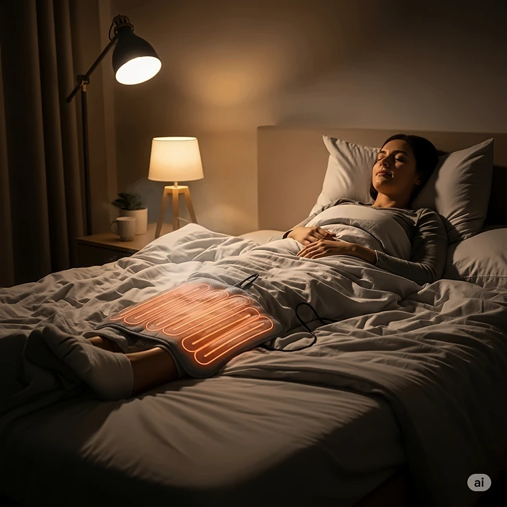 A person peacefully resting in bed with a therapeutic heating pad placed on their legs, providing soothing relief for Restless Legs Syndrome (RLS).