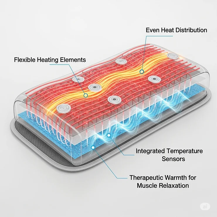 A graphic showing the even heat distribution technology within the heating massage pad, ensuring consistent and targeted warmth for muscle relaxation.