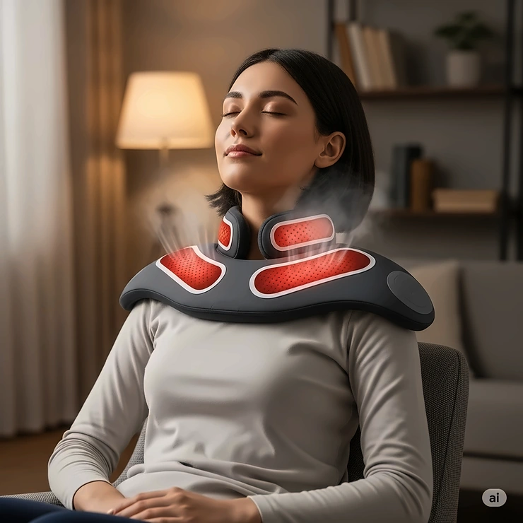 A person enjoying a targeted heating massage on their neck and shoulders, specifically designed to relieve knots and stiffness in the upper back area.