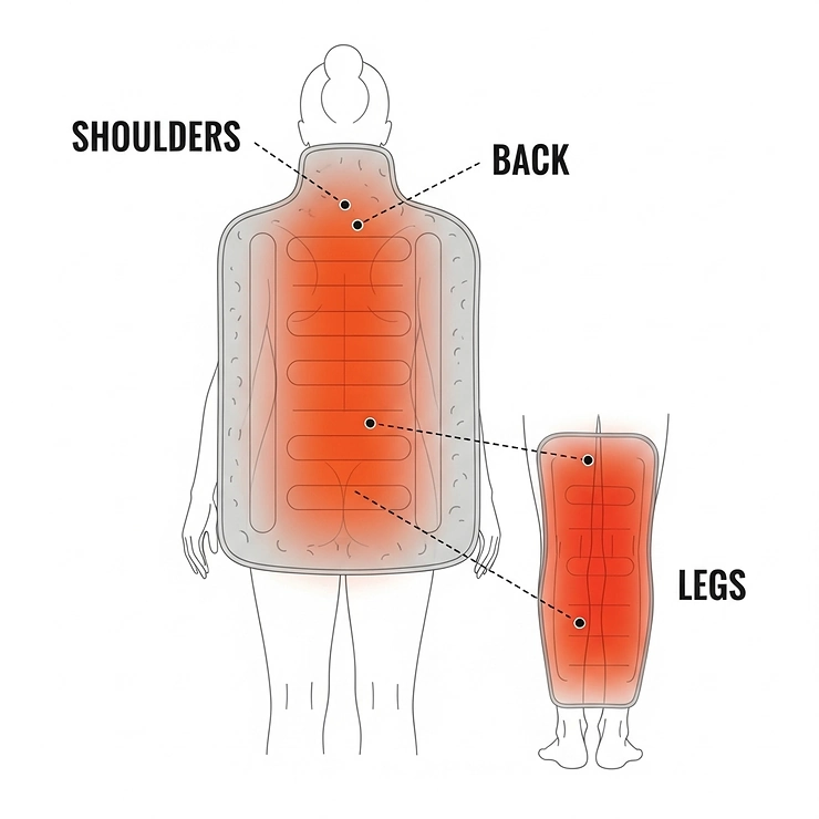 A diagram highlighting common areas of the body (shoulders, back, legs) that benefit from the large coverage of an extra-large heating pad.