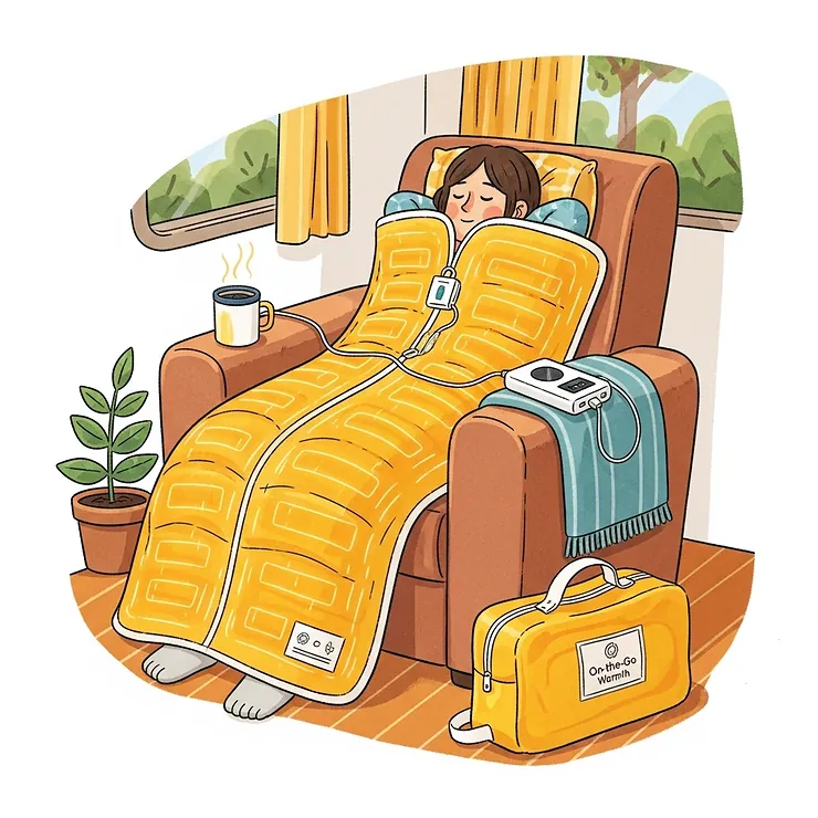 An illustration of a person relaxing in a chair while using a flexible, extra-large heating pad, emphasizing its portability.