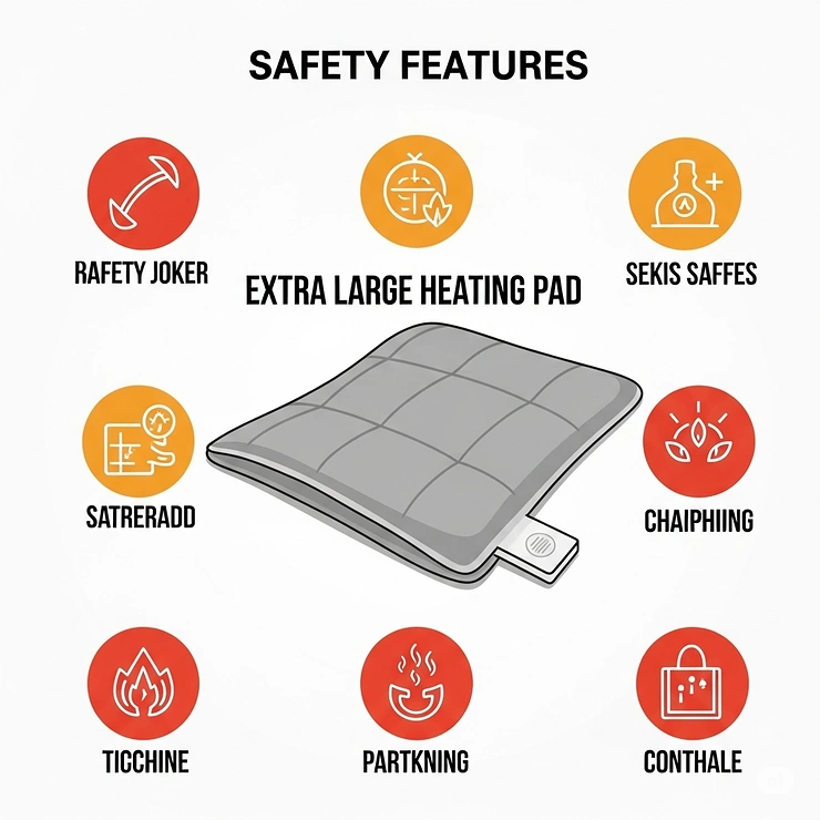 An icon-based graphic explaining the important safety features of an extra-large heating pad, such as automatic shut-off.