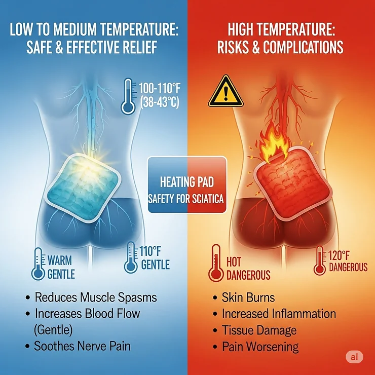 A graphic explaining the importance of using a low to medium temperature setting on a heating pad for sciatica, and the risks of using too high a heat setting.