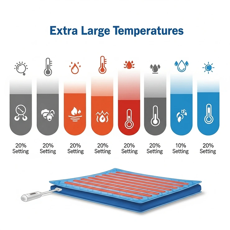 An infographic detailing the various temperature settings available on a high-quality extra-large heating pad.