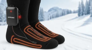 A close-up shot of a pair of Hotronic heated socks, highlighting the integrated heating element and battery pack for warmth on the slopes.