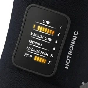 An image depicting the different temperature settings available on Hotronic heated socks, from low to high heat.