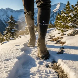 A pair of Hotronic heated socks are worn by a person on a snowy mountain trail, showing their effectiveness for various cold-weather activities.