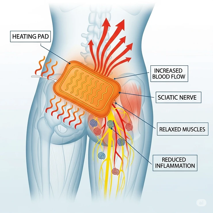 A diagram showing how a heating pad's warmth increases blood flow to the sciatic nerve area, helping to relax tense muscles and reduce inflammation.