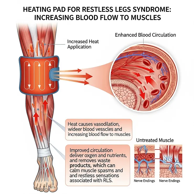 Diagram showing a heating pad increasing blood flow to the muscles in the legs, which can help alleviate the symptoms of Restless Legs Syndrome.