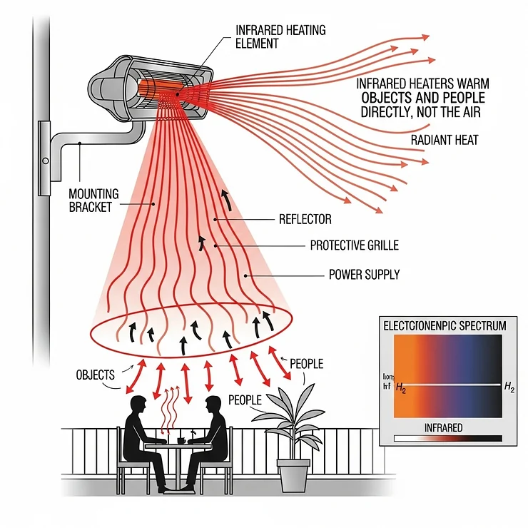 A technical diagram illustrating how an infrared patio heater works by using radiant heat to warm objects and people directly, rather than heating the air.