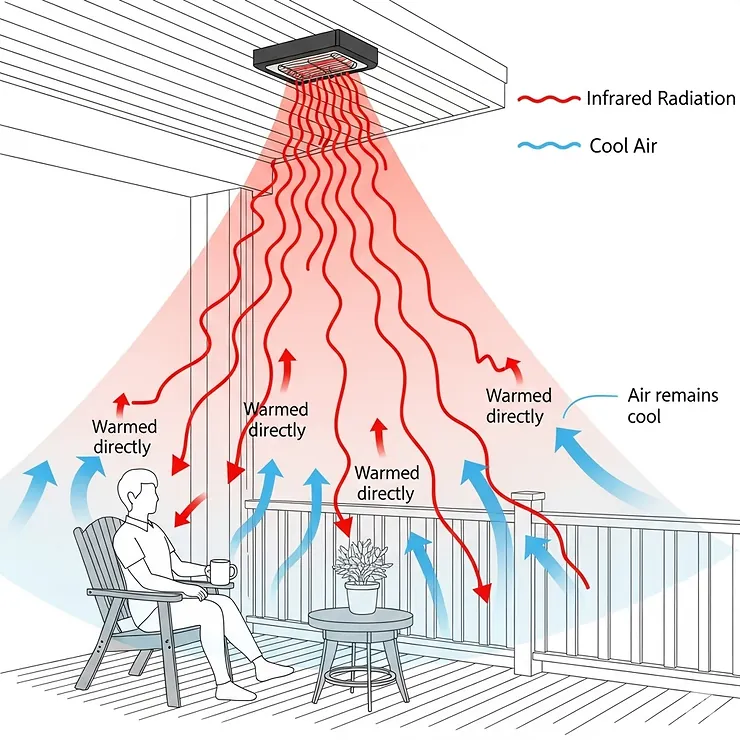 A simple scientific diagram demonstrating how an infrared porch heater works by directly warming objects and people, rather than the air.