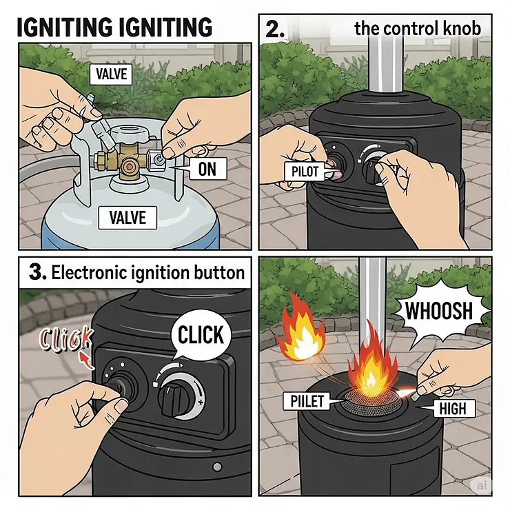 A step-by-step guide showing the simple ignition process of a small propane patio heater using a push-button electronic starter.