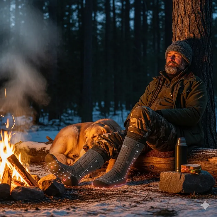 A tired hunter relaxing by a campfire after a long day, wearing the best heated socks for hunting to soothe and warm their feet, showcasing their value for both active and down-time in the outdoors.