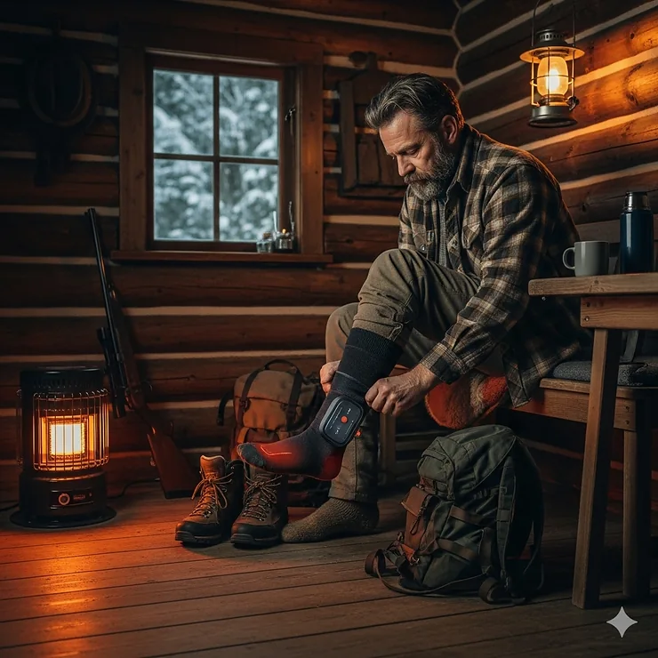 A hunter preparing for a cold morning hunt by putting on a pair of the best heated socks, emphasizing their essential role in staying warm and focused on the hunt.