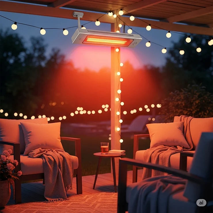 An image of a patio showing the gentle, warm glow of an infrared electric heater, emphasizing its efficient heating capabilities without using a fan.