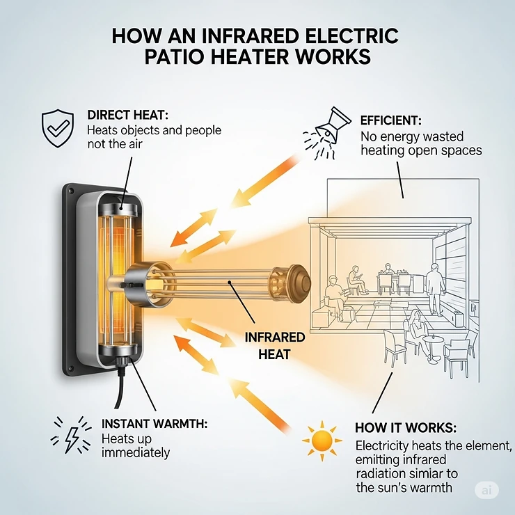 An infographic illustrating how an infrared electric patio heater works, providing efficient, direct heat.