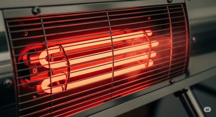 Close-up of an infrared electric patio heater's heating element, showcasing the technology that provides instant warmth.