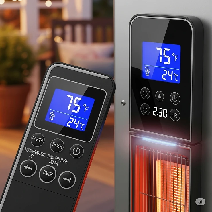 An image of a remote control and digital display for an infrared porch heater, illustrating the convenience of adjustable temperature and timer settings.