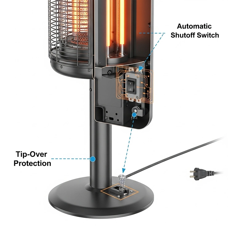 An illustration highlighting key safety features of a modern infrared patio heater, such as tip-over protection and an automatic shutoff switch.