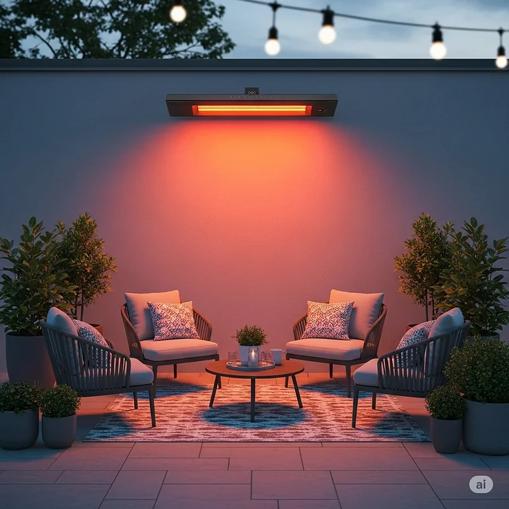 A sleek, wall-mounted infrared porch heater provides a warm, inviting glow over a cozy outdoor seating area, perfect for extending evening use of the patio.