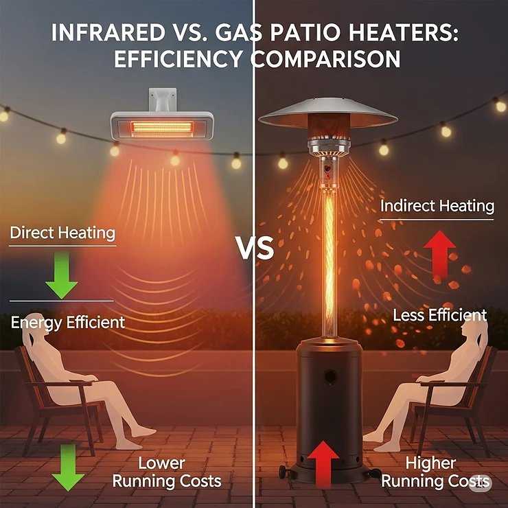 A comparison chart illustration showing the efficiency of an infrared patio heater versus a traditional gas heater, focusing on energy savings and direct heating.