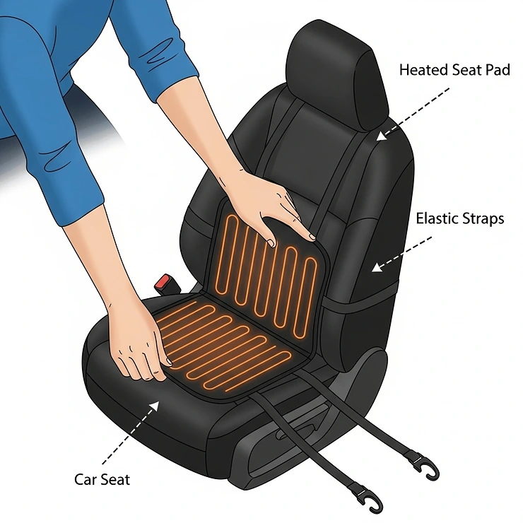 A diagram showing a person easily installing a heated car seat pad over a car seat with elastic straps.