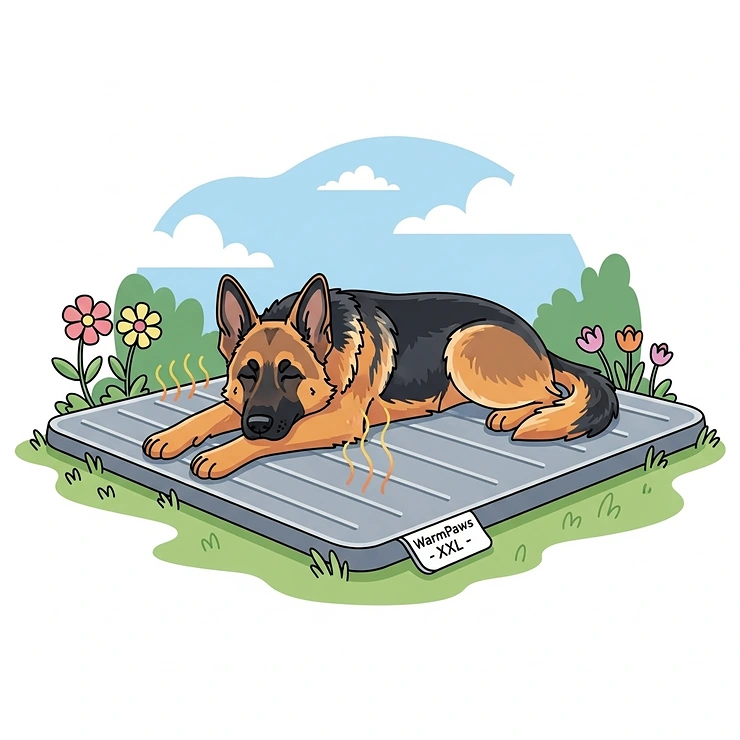 An illustration of a large German Shepherd dog stretched out on an extra-large outdoor heating pad, demonstrating the product's availability in various sizes for different dog breeds.