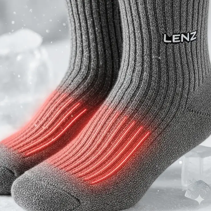 A close-up shot of a pair of Lenz heated socks, highlighting the integrated heating elements and the high-quality merino wool material, perfect for cold-weather activities.